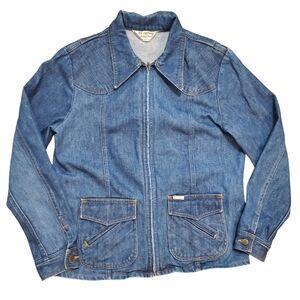 VTG 70s Sedgefield Do Nothing Blue Denim Field Jacket Butterfly Collar XL